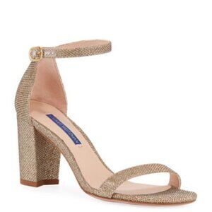 Stuart Weitzman Nearlynude Block-Heel Glitter Sandals Gold Shoes US 10.5…